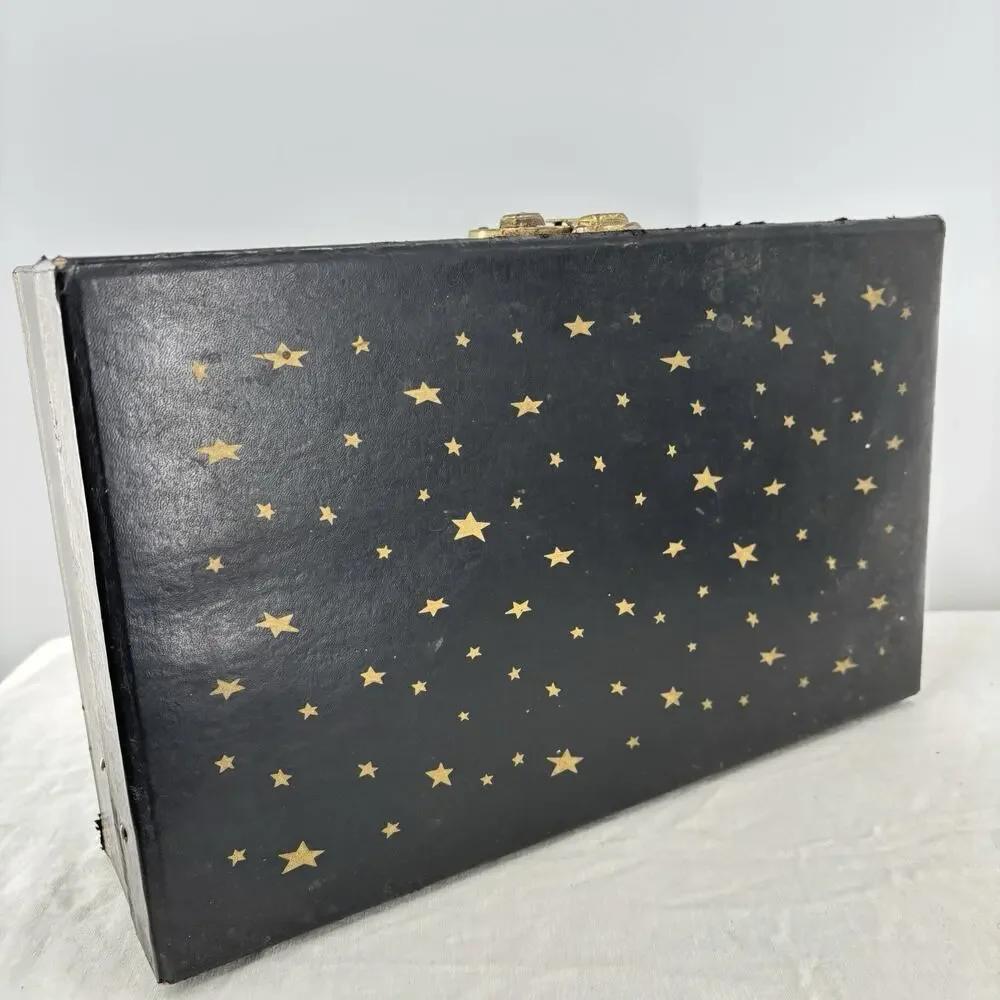 Vtg 2 Tier Jewelry Box Black Leathette Gold Stars Celestial 14x8.5